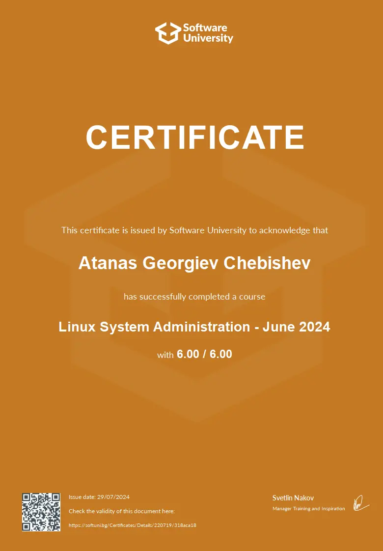 Softuni Linux System Administration certificate